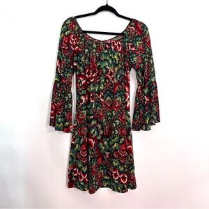 Green Red Floral Print Bell Sleeves Scoop Neck Tunic Top Ruffle Dress